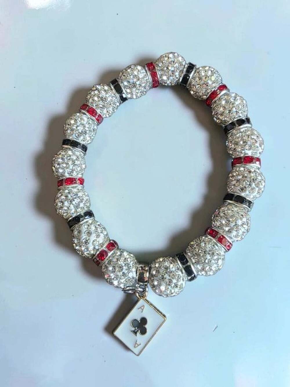 Ace of Clubs Playing Card Crystal Disco Ball Beaded Stretch Bracelet